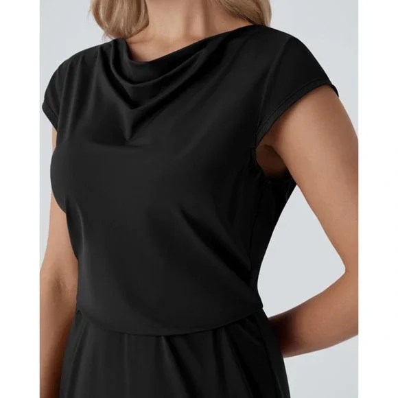 NWT Halara Tie Back Cowl Neck Cap Sleeve Maxi Dress Slip Black Yarn Small Witchy - Picture 2 of 9